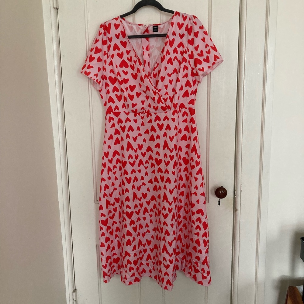 Valentines Pink with Red Heart Print Faux Wrap Dress